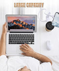 Person using White Adjustable Laptop Desk For Bed With Storage Drawer And Phone Stand 23.6 Inch Large Surface in cozy setup.