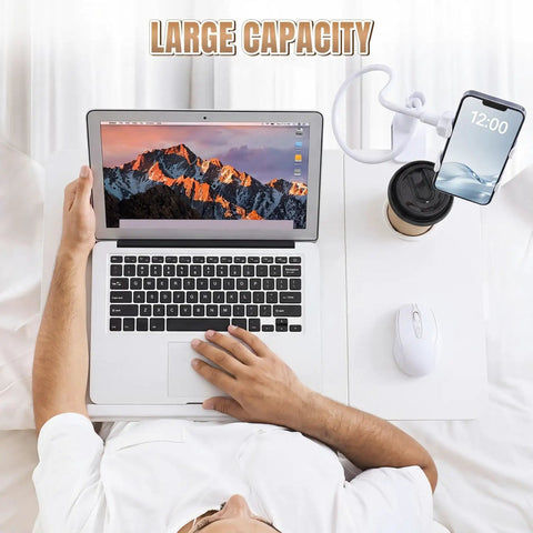 Person using White Adjustable Laptop Desk For Bed With Storage Drawer And Phone Stand 23.6 Inch Large Surface in cozy setup.