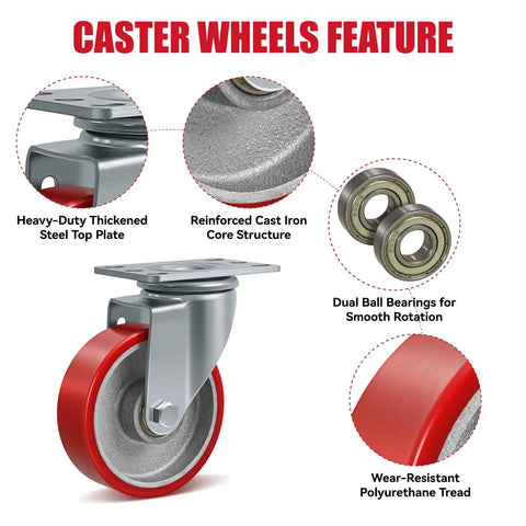 Beefy 4 Inch Heavy Duty Caster Set Of 4 With Cast Iron Core And Polyurethane Tread Swivel Wheels 1800 Lb Capacity features