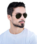 Model wearing Classic Aviator Sunglasses For Men And Women Black Frame With G-15 Green Lenses 58 mm Eye Size