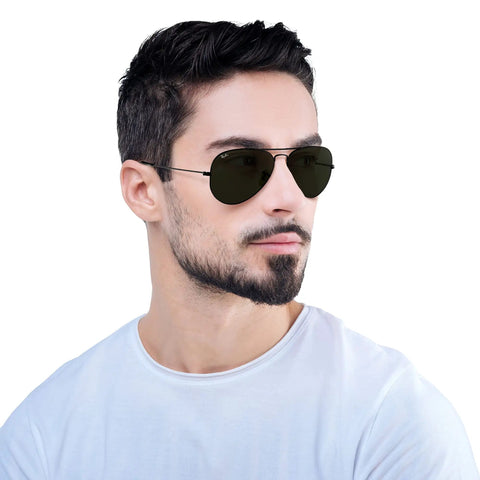 Model wearing Classic Aviator Sunglasses For Men And Women Black Frame With G-15 Green Lenses 58 mm Eye Size