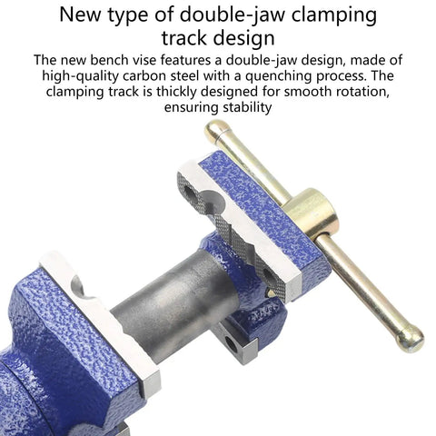 High Strength Carbon Steel Woodworking Bench Vise With 360 Rotation And Dual Control Clamps close-up of double-jaw design and clamping track.