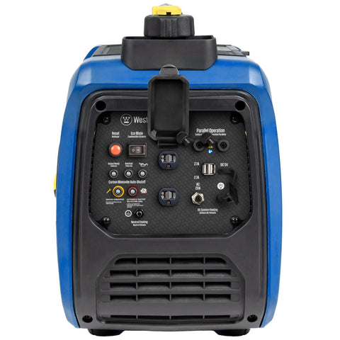 Front view of Beast 1500 Peak Watt Portable Inverter Generator with control panel and outlets, blue finish.