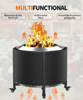 Fire Pit Surround Tabletop For Outdoor Solo Stove Bonfire And Wood Burning Use With Heat Resistant Fabric Wrap Sturdy Alloy Frame Keeps Pets Safe Ideal Patio Accessory For Small Yards And Bonfire Setups, showing flames rising and protective design features.