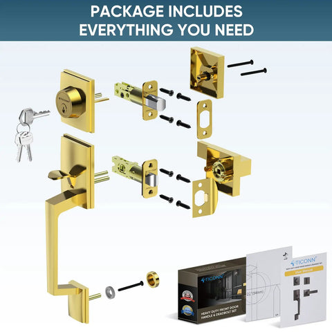 Front Door Handle Set With Heavy Duty Square Lever And Single Cylinder Deadbolt, Reversible For Exterior Doors, Polished Brass Finish, Built Tough Zinc Alloy Hardware For Easy Install And Lasting Security