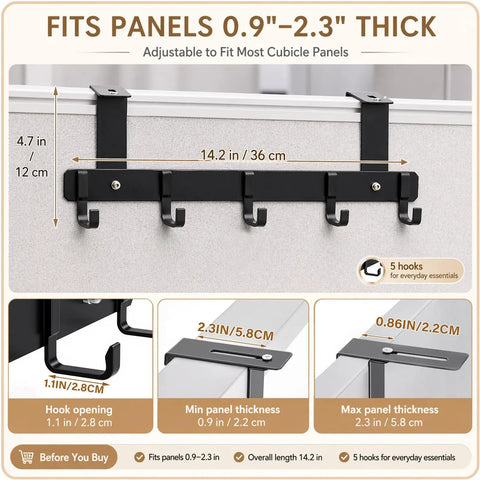 Your Go To Cubicle Hooks For Office Partitions Fits 0.9 To 2.3 Inch Panels With Five Durable Hooks For Coats Bags And More