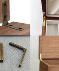 Six Pack Zinc Alloy Hinges For Jewelry Boxes And Tiny Chests In Gold, 90 degree wood box hinges close-up, installed on wooden box