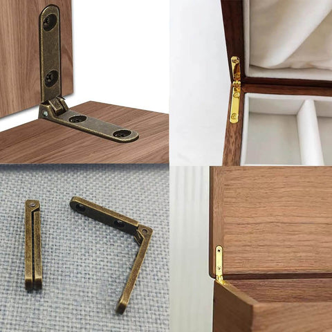 Six Pack Zinc Alloy Hinges For Jewelry Boxes And Tiny Chests In Gold, 90 degree wood box hinges close-up, installed on wooden box