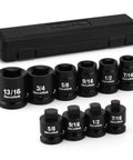 Rock Hard 10 Piece 1/2 Inch Drive Pipe Plug Socket Set Constructed To Shred Through Rusty Fittings With Premium Chrome Moly Steel And Tapered Male Female Square Drive For Zero Bull Garage Pros displayed in a case.