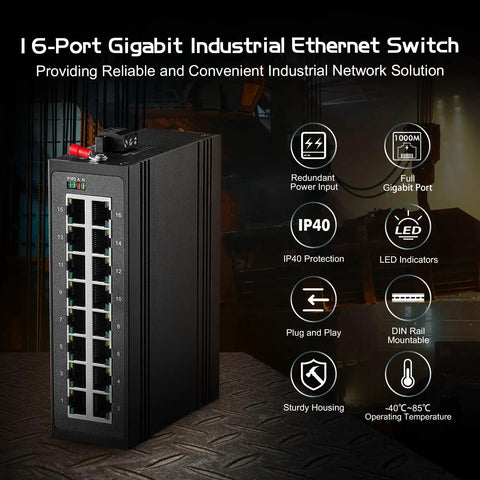 16 Port Gigabit Din Rail Industrial Ethernet Switch, Fanless IP40 Unmanaged Plug and Play, showing ports LED indicators.