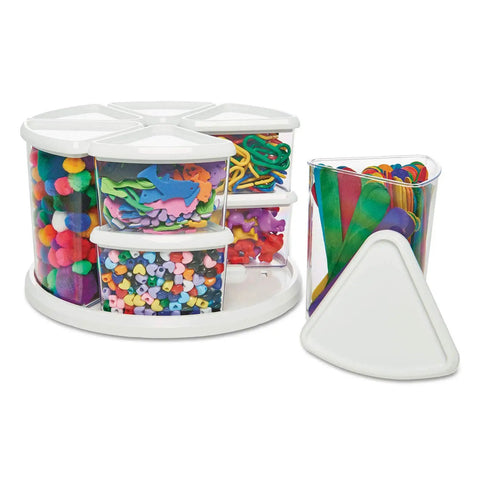 Rotating Craft Organizer Carousel With Nine Removable Canisters And Clear Lids, showing colorful supplies inside canisters.