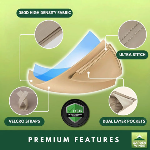 Beige 350 Denier Replacement Canopy Top For Arrow 10x10 Gazebo Custom Fit For Models 61821 HD-61821 618221 618221-C GGHL00019 Tough As Nails All Weather Outdoor Patio Shelter features, including 350D fabric, Velcro straps, ultra stitch, dual layer pockets.