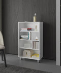 White Six Shelves Narrow Storage Cabinet For Living Room And Kitchen, Scratch Resistant Bookcase with decor items on shelves