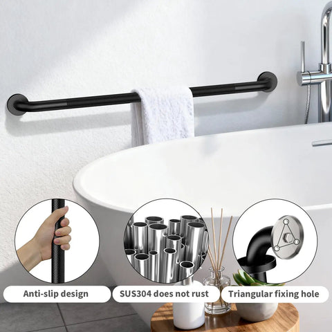 Hella Sturdy Extra Long Matte Black Safety Grab Bar Featuring Knurled Anti Slip Grip And Premium 304 Stainless Steel for bathroom support