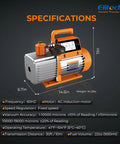 Heavy Duty 9 Cfm Hvac Vacuum Pump With 1 Hp Dual Stage Rotary Vane Motor And External Micron Gauge on display with specifications