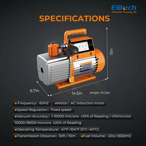 Heavy Duty 9 Cfm Hvac Vacuum Pump With 1 Hp Dual Stage Rotary Vane Motor And External Micron Gauge on display with specifications