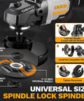 Badass 4 5 Inch Cordless Angle Grinder With 20V Brushless Motor And Dual Batteries Plus Charger, spindle lock feature and compatible wheels displayed.