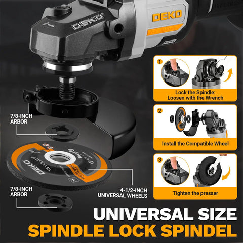 Badass 4 5 Inch Cordless Angle Grinder With 20V Brushless Motor And Dual Batteries Plus Charger, spindle lock feature and compatible wheels displayed.