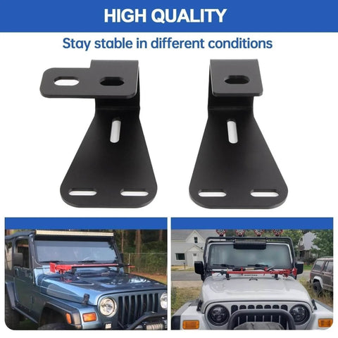 Hi Lift Jack Hood Mount Brackets For Jeep Wrangler YJ TJ JK, Heavy Duty Black Steel, shown on Jeep hoods and standalone view