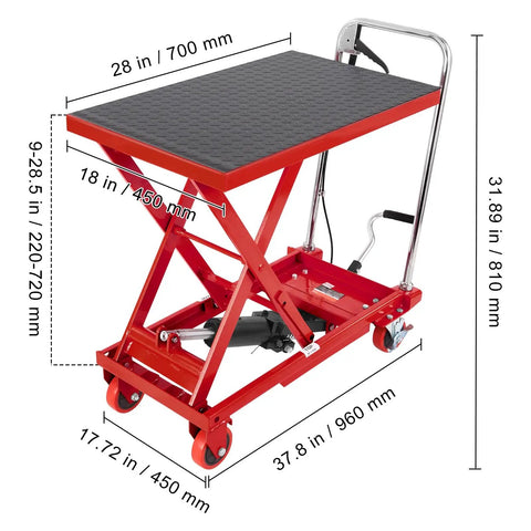 Heavy Duty Hydraulic Lift Table Cart 500 Lb Portable Scissor Platform With Pump side view showing dimensions and design for easy lifting.