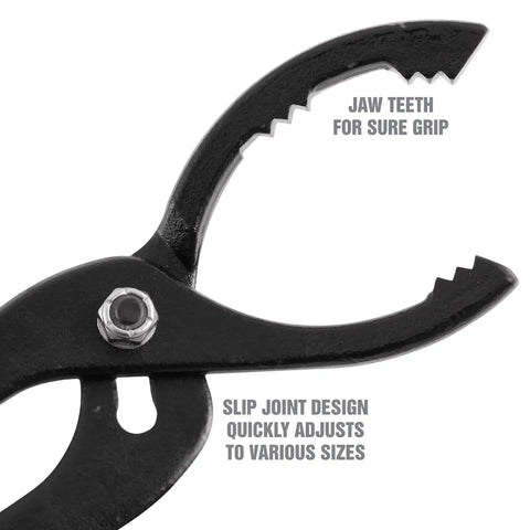 Beefy Oil Filter Pliers For Tight Spots, Adjustable Jaw Fits Two And A Half Inch To Four And Five Eighths Inch Filters, close-up on jaws