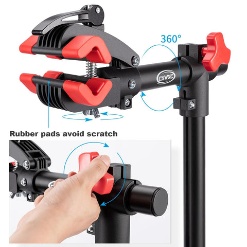 Heavy Duty Bike Repair Stand For Mountain And Road Bikes, 360-degree clamp with red knobs and rubber pads shown in detail
