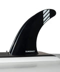 Close-up of the fin on LTF V2 Wing Foiling Board 180cm, designed for beginners and progressive riders, shows drop stitch construction.