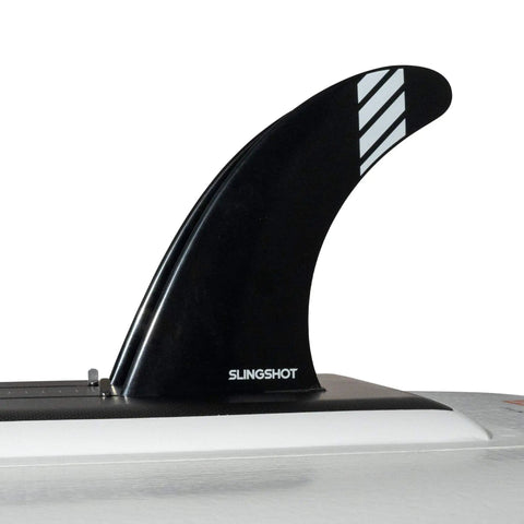 Close-up of the fin on LTF V2 Wing Foiling Board 180cm, designed for beginners and progressive riders, shows drop stitch construction.