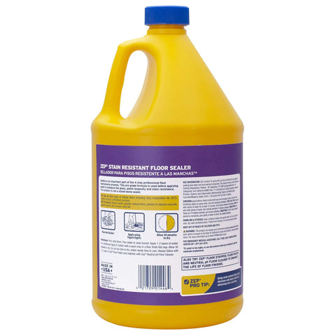 Heavy Duty Stain Resistant Floor Sealer One Gallon Pack Of Four for VCT Rubber and Unfinished Concrete visible in yellow jug.