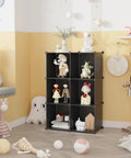 Six Cube Storage Organizer Set For Wardrobe And Home, Stackable Plastic Cubes Shelves with toys in a children's room, black