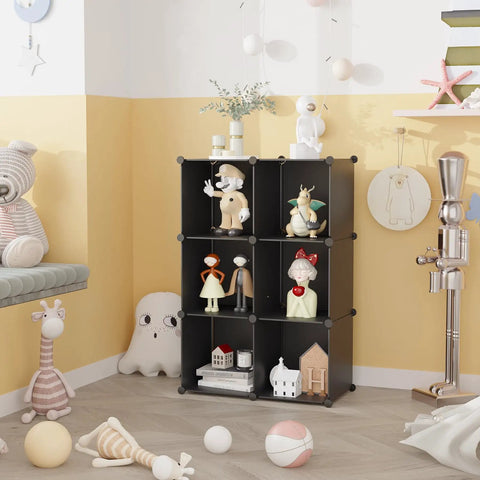 Six Cube Storage Organizer Set For Wardrobe And Home, Stackable Plastic Cubes Shelves with toys in a children's room, black