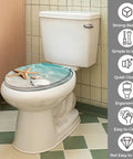 Round Resin Toilet Seat for Bathroom with beach shell design on a white toilet, showcasing strong bearing and quiet closing features.