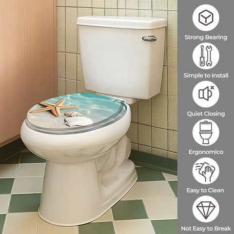 Round Resin Toilet Seat for Bathroom with beach shell design on a white toilet, showcasing strong bearing and quiet closing features.