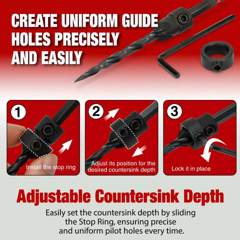 Pro Grade Countersink Drill Bit Set 19 Piece demonstrating adjustable countersink depth on a stop ring for precise pilot holes.