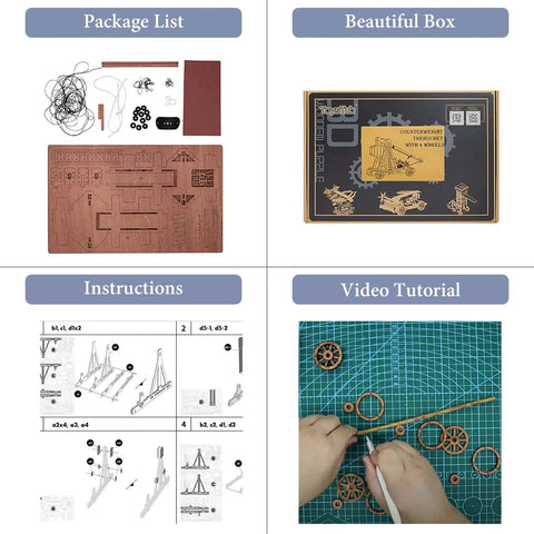 DIY 3D Wooden Trebuchet Puzzle Kit for Adults Hands On Catapult Engineering Toy package contents and instructions.
