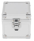 Metallic silver lockbox with textured surface and chrome accents, shown closed, highlighting its sturdy construction and secure lock.