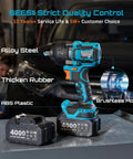Heavy Duty Half Inch Brushless Impact Wrench Brings The Beast Mode With 886 Ft Lbs Torque And 2400 Rpm and lithium batteries on a garage workbench.