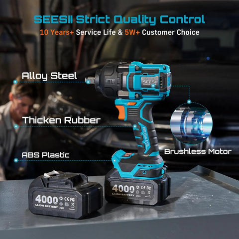 Heavy Duty Half Inch Brushless Impact Wrench Brings The Beast Mode With 886 Ft Lbs Torque And 2400 Rpm and lithium batteries on a garage workbench.