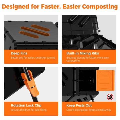 Dual Chamber 45 Gallon Compost Tumbler With 360 Degree Rotating Design showing deep fins, mixing ribs, lock clip, and pest door.