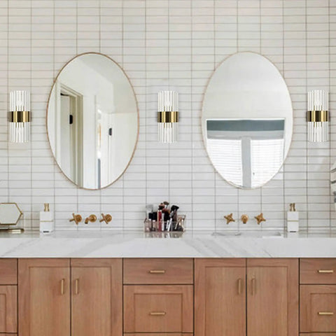 Gold Wall Sconces Set Of Two Modern Crystal Sconce Lighting For Living Room Hallway And Bathroom, brass finish, mounted next to mirrors