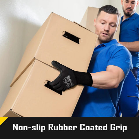 Man using black poly coated gloves to carry boxes, wearing 12 By 60 Pair Pack Safety Work Gloves With Grip PU Coating, 13 Gauge Seamless Knit.