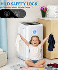 Compact Portable Washing Machine With Full Automatic 1.06 Cubic Feet Capacity And 10 Wash Cycles Smooth Quiet Design For Apartment Living, child safety lock feature, child holding clothes.