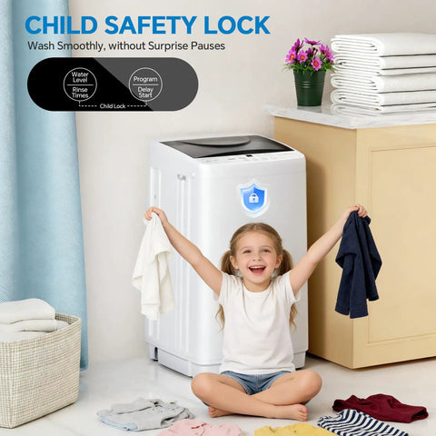 Compact Portable Washing Machine With Full Automatic 1.06 Cubic Feet Capacity And 10 Wash Cycles Smooth Quiet Design For Apartment Living, child safety lock feature, child holding clothes.