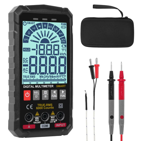 Smart Auto Ranging Digital Multimeter TRMS 6000 Counts Handy Electrical Tester with probes and carrying case displayed