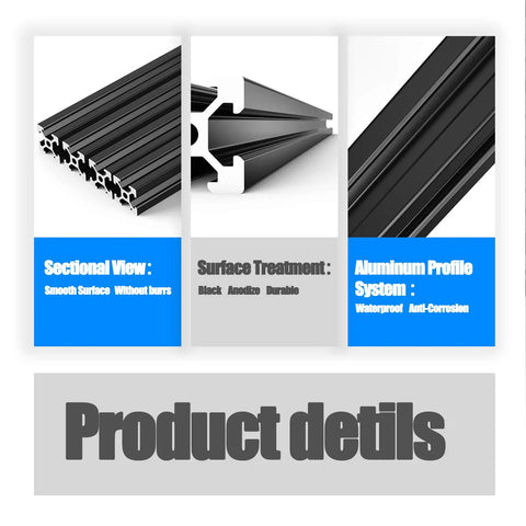 Built Tough 12 Piece 2020 T Slot Aluminum Extrusion Profile Kit 800mm Anodized Black showcasing sectional and surface details.