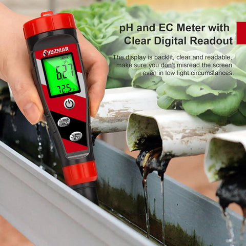 Hydroponics 4 In 1 pH Meter EC TDS Temperature Tester with digital display used in a hydroponic system for accurate readings.