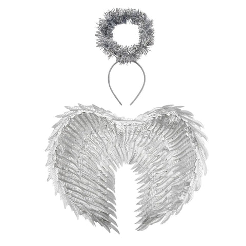 Silver Angel Wings With Headband Set For Halloween Cosplay And Party Vibes, Realistic Silver Feather Wings Costume Accessories