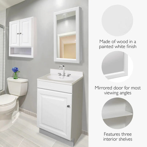 White wall mounted bathroom medicine cabinet with mirrored door 16 inch wide 30 inch high 4.75 inch deep two adjustable shelves