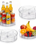Four Pack 10.5 Inch Lazy Susan Organizers Smooth Operator Turntable Trays with drinks and fruits organized.