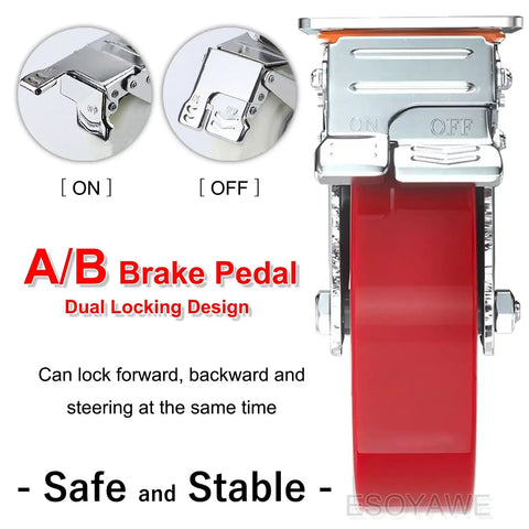 Heavy Duty Swivel Plate Caster Set Of Four Featuring Silent Polyurethane Wheels with dual locking brake pedal design.
